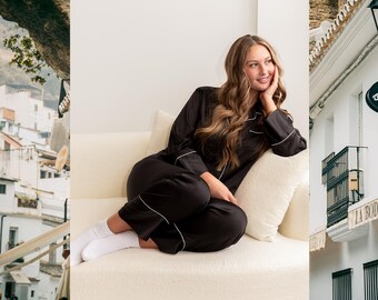 Black Satin Loungewear Set, Custom Monogram Pajamas, Stylish Sleepwear for Women, Chic Matching Set