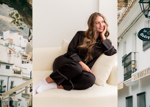 Black Satin Loungewear Set, Custom Monogram Pajamas, Stylish Sleepwear for Women, Chic Matching Set