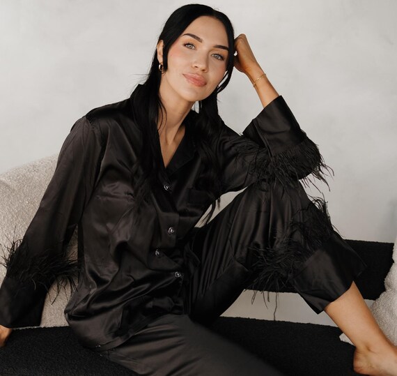 Premium Black Feather Satin PJs | Glamorous Sleep Set | Comfortable & Stylish Loungewear for Her | luxe loungewear | feather trim pajamas