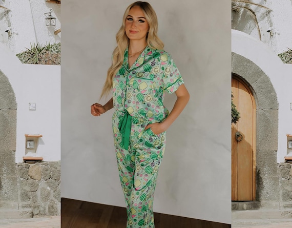 Pickleball theme gift, Pickleball Pattern, Satin Sleep Set, Silky Satin Lounge Set, Pickleball Pajamas, Retro Sporty Pickleball Pajamas, PJs