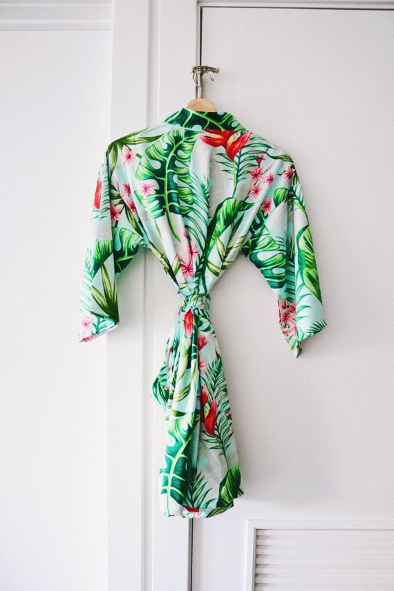 satin tropical robe, bridesmaid robe, hawaiian robe, bridal party robes, banana leaf robe, beach wedding robe, destination wedding robes,