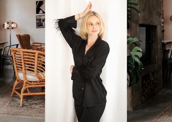 black feather pajamas, feather matching set, black feather set, black satin pajamas, black wedding pajamas, women's black feather pajamas