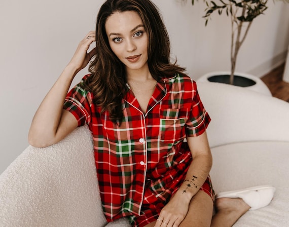 Satin Christmas Pajamas, Matching Holiday Loungewear, Satin Holiday Sleep Set, Red Plaid Christmas Pajamas, Family PJs, Christmas Pajamas