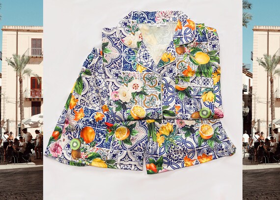 fruit print pajamas, tile print pajamas, fruit pattern pajamas, pattern pajamas, bride, birthday girl, monogram pajamas, fruit print set