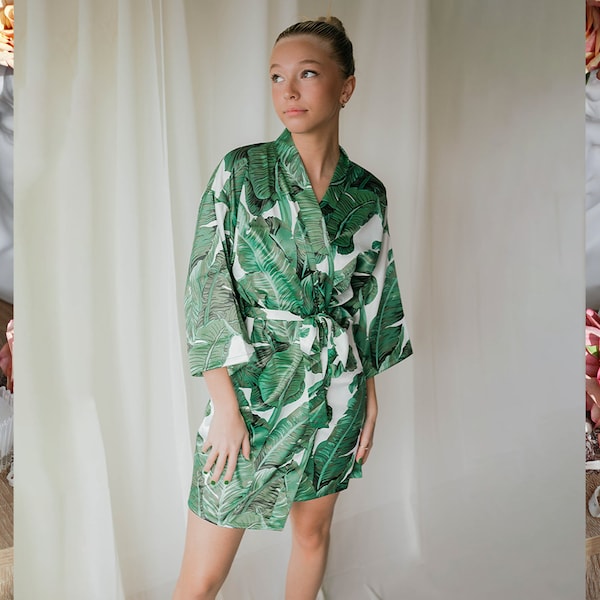 beach wedding robe, satin tropical robe, bridesmaid robe, hawaiian robe, bridal party robes, banana leaf robe, destination wedding robes,