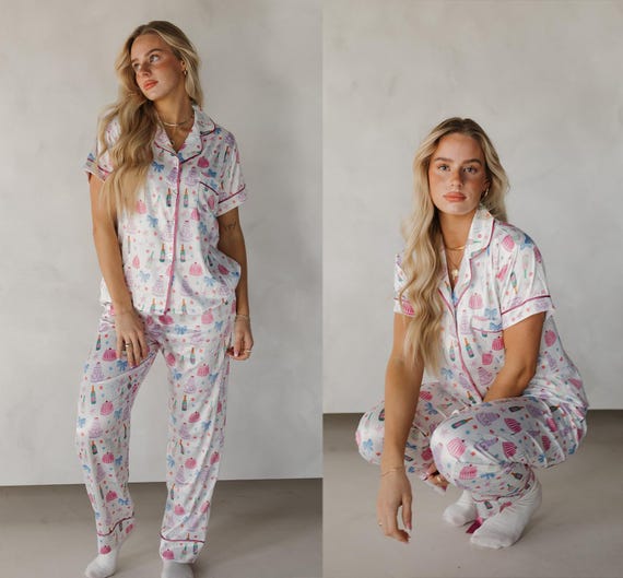 Fun Wedding Theme Graphic PJs – Satin Sleepwear for Bachelorette Weekend - Cute Pattern Bachelorette Pajamas – Wedding Themed Pajamas - PJs