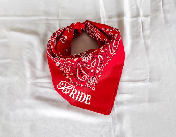 red bride bandana, custom text bandana, custom red bandana, wedding bandanas, wedding favors, bachelorette party favors, bach party gifts