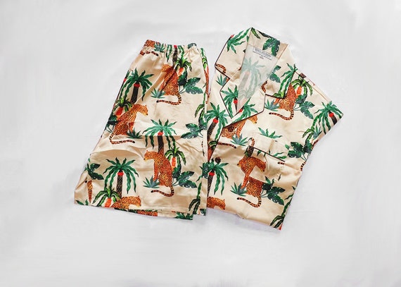 men's tropical print pajamas, men's satin pajamas, men's silk pajamas, men's cheetah pajamas , groom pajamas,, men's palm pajamas, palm pjs