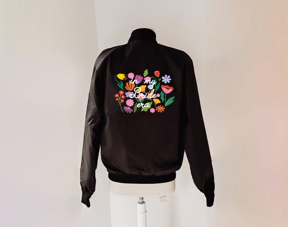 Black Floral Wedding Jacket, Bridal Shower Gift, Floral Bridal Bomber Jacket