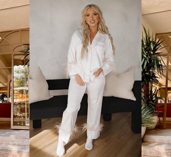 ostrich feathers pajama set, white satin pajamas, feather matching set, bride, bride pajamas, bridal pajamas, white feather set, bride pjs