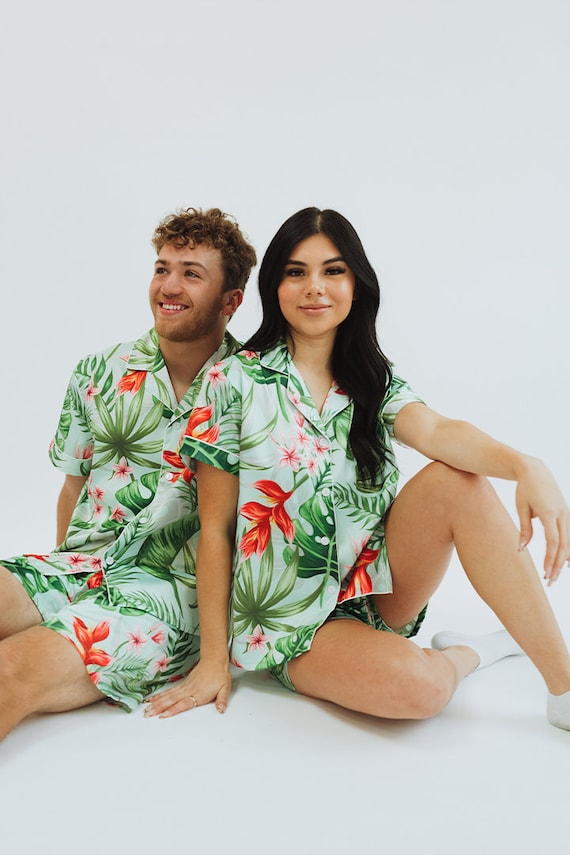 couple's pajamas, matching couple pajamas, matching pajamas, wedding party, men's pajamas, Christmas jammies, custom tropical pajamas