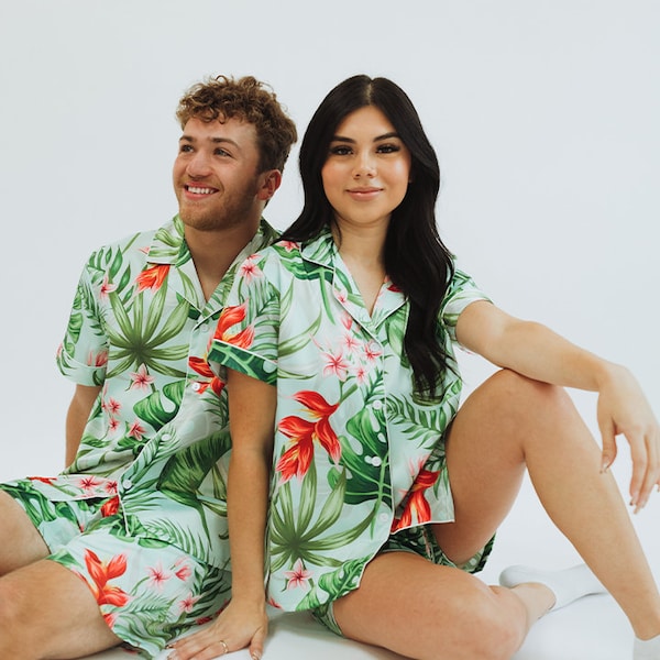 couple's pajamas, matching couple pajamas, matching pajamas, wedding party, men's pajamas, Christmas jammies, custom tropical pajamas