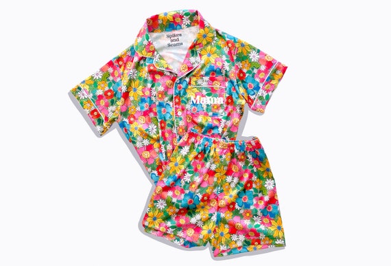 retro floral pajama set, retro pajamas, monogram pajamas, bride pajamas, bridesmaid pajamas, flower pajamas, custom pajamas for women, pjs