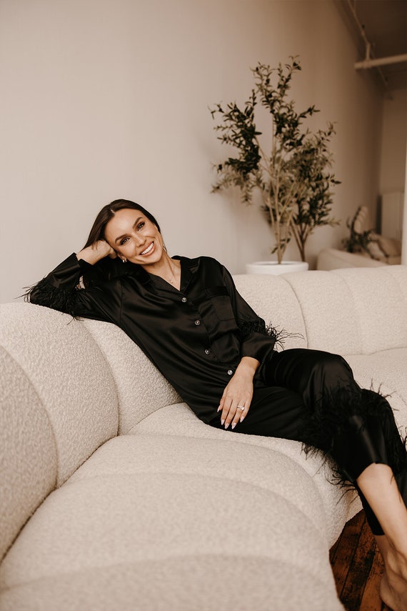 black feather pajamas, ostrich feather pajamas, black feather set, black satin pajamas, black wedding pajamas, women's black satin pajamas