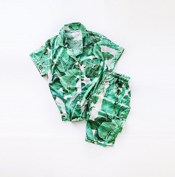 green palm leaf pajama set, monogram pajamas, bridesmaid pajamas, bride pajamas, tropical hawaiian pajamas, custom pajamas, pajama pants, pj