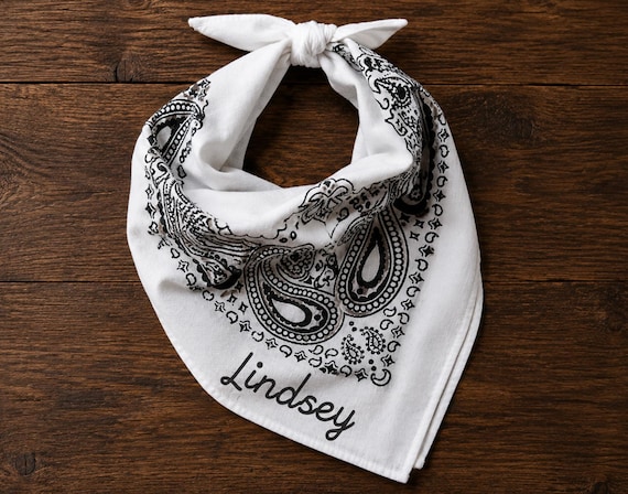 White Paisley Cotton Bandana, Custom Name Accessory, personalized scarf