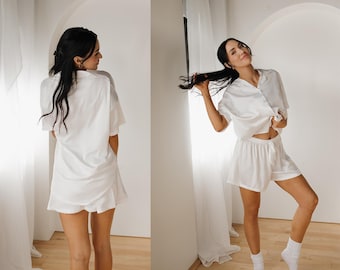 Fließender Weißer Braut Pyjama - Hochzeitsmorgen PJs - Weißer Satin Hochzeitspyjama - Benutzerdefinierte Braut Passende Set - Braut Nachtwäsche für den Hochzeitstag