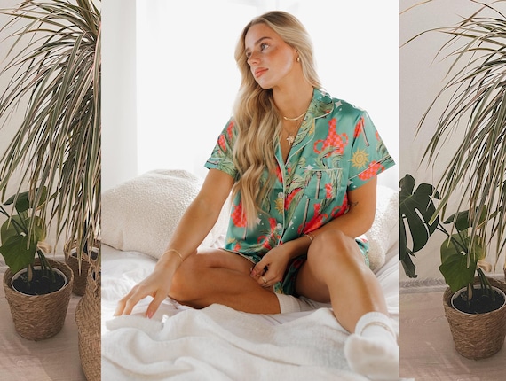 Tropical Floral Set, Boho Luxe Loungewear, Tropical Boho Pajamas, Luxe Satin Sleepwear, Colorful Island Motifs, Cozy gift for her, Self-Care