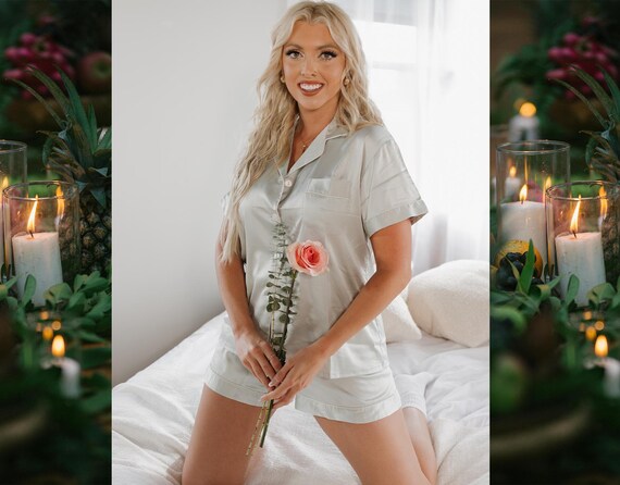 Agave Green Sleepwear - Monogrammed Silky Shorts - Agave Green Satin Shorts - Light Green Satin Pajamas - Satin Pajama Set - Agave Green PJs
