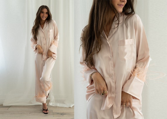 pink feather pajamas, blush pajamas, feather pajamas, ostrich feather pajamas, pink satin pajamas, custom pink pajamas, custom pink pjs