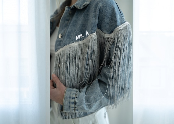 Just Married, denim jacket, custom jacket, wedding jacket, fringe denim jacket, cowboy wedding, western theme wedding, jean jacket, bride