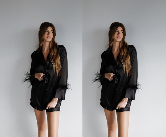black feather pjs, lux satin feather set, Feather trim pajamas, black feather loungewear, feather satin sleep set, luxe feather sleepwear