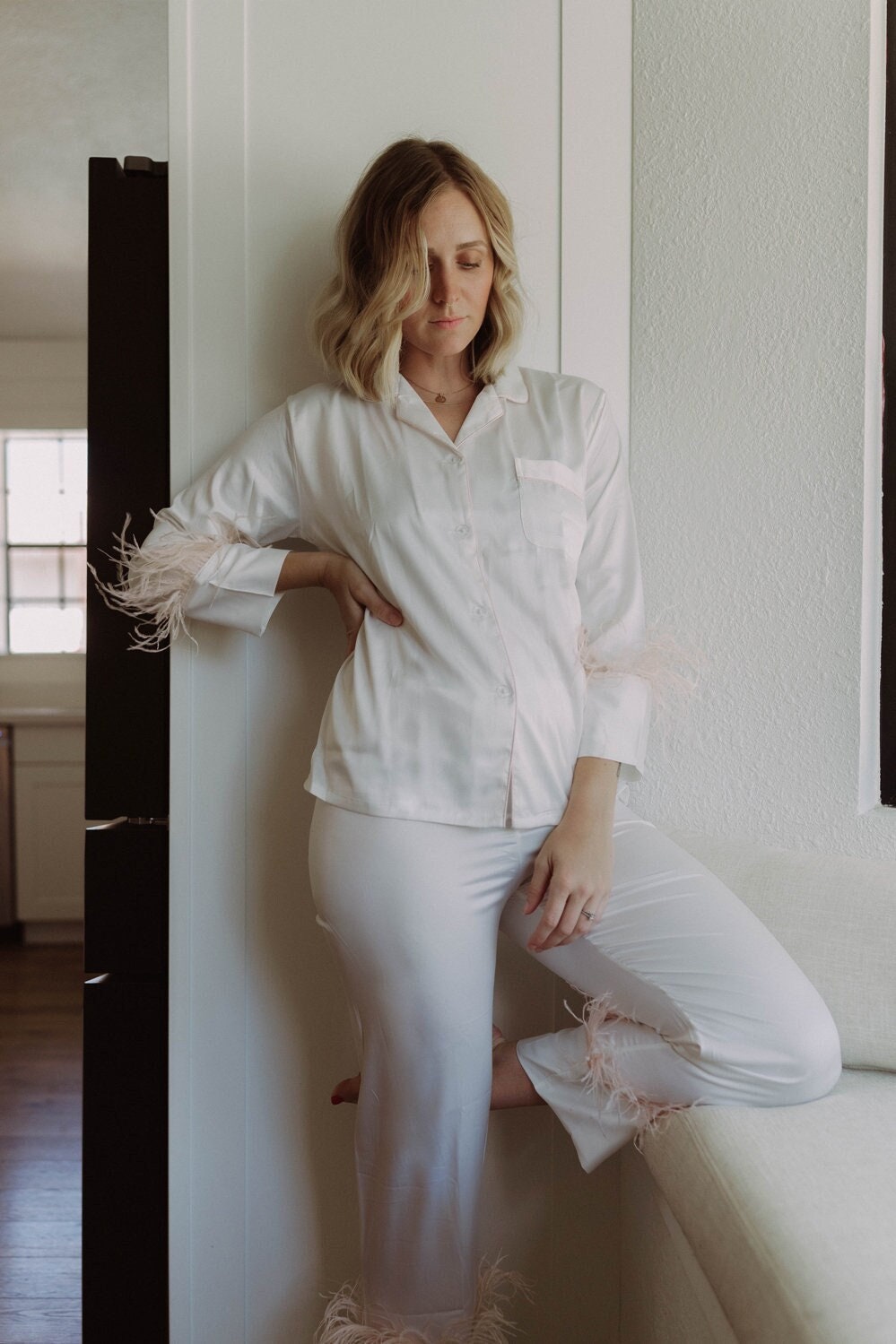 White pajamas with feathers hotsell