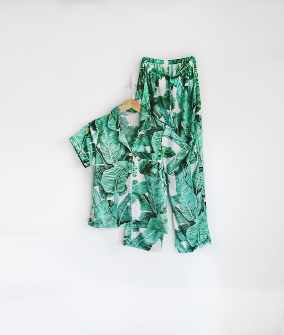 Green Palm Leaf Pajama Set Monogram Pajamas Bridesmaid Pajamas