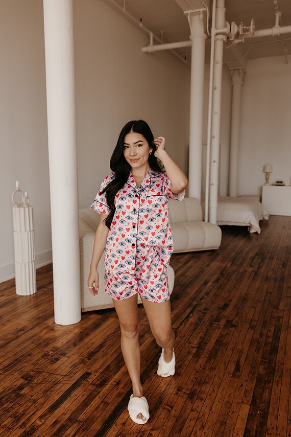 cute pajamas, pink pattern pajamas, custom pink pajamas, bridesmaid, bride, birthday girl pajamas, heart print pajamas, eyes print pajamas