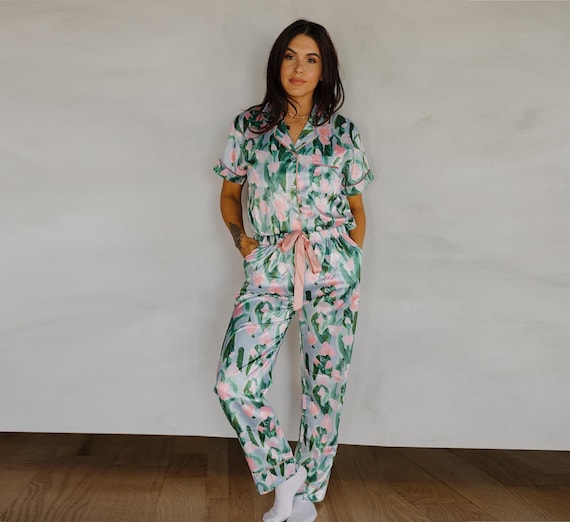 Luxury Floral Silk Satin Pajama Set – Soft & classy Sleepwear with Button-Up Top and Relaxed Fit Pants, Perfect for Bridal Gifts and wedding