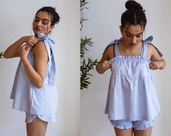 Conjunto de pijama Coquette, pijama de algodón con tirantes de lazo, pijama con monograma personalizado para mujer.