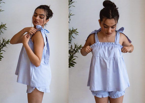 Coquette Pajama Set, Cotton Bow Strap PJs, Custom Monogram Sleepwear for Women