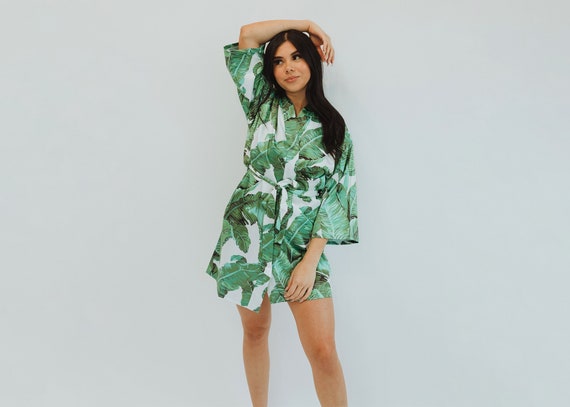 custom robe, satin robe, tropical robe, hawaiian robe, bridal party robes, banana leaf robe, beach wedding robe, destination wedding robes