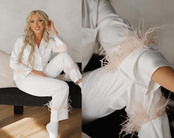 Premium White Feather Satin PJs | Glamorous Sleep Set | Comfortable & Stylish Loungewear for Her | luxe loungewear | feather trim pajamas