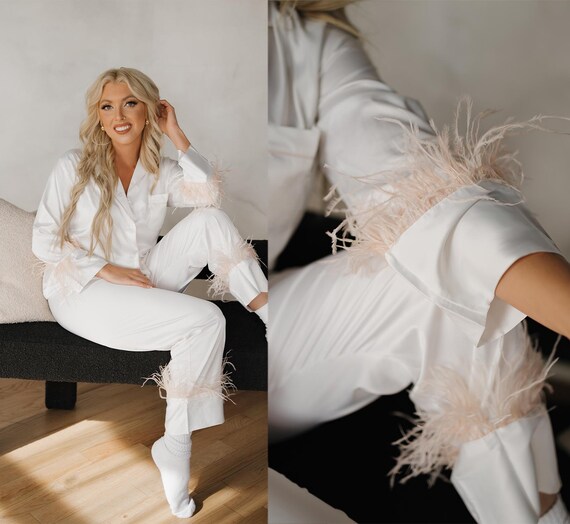 Premium White Feather Satin PJs | Glamorous Sleep Set | Comfortable & Stylish Loungewear for Her | luxe loungewear | feather trim pajamas