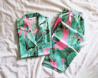 banana leaf pajamas, monogram pajamas, satin tropical pajamas, bride pajamas, tropical hawaiian pajamas, custom pajamas, pajama pants, pj