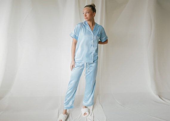 light blue pajamas, baby blue pajamas, satin pajamas, pajama pants set, bridesmaid, bride, birthday pajamas, monogram, women's blue pajamas