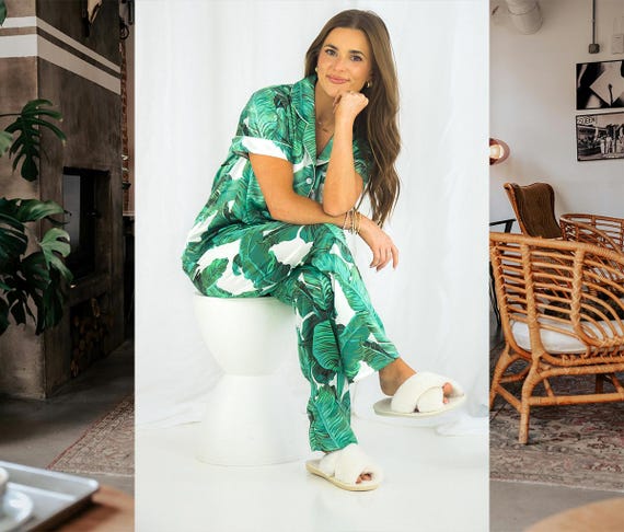 silky tropical pajamas, island inspired pajamas, luxe loungewear, satin tropical pajamas, luxe homewares, luxury pajamas, banana leaf, pjs