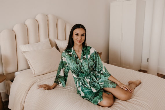 green palm leaf robe, bridesmaid robe, hawaiian robe, bridal party robes, banana leaf robe, tropical robe, destination wedding robes, satin
