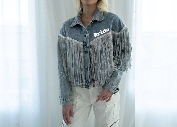 Bride denim jacket, cowgirl wedding jacket, western wedding, custom denim Jacket, just married denim jacket, fringe denim jacket, cowgirl