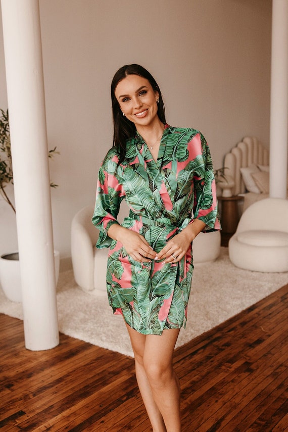pink palm leaf robe, bridesmaid robe, tropical robe, bridal party robes, banana leaf robe, tropical satin robe, wedding robe, monogram robe