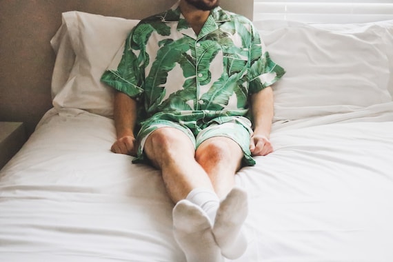 Luxury Men’s Tropical Banana Leaf Satin Pajama Set | Soft and Silky Sleepwear for Men | Comfortable Loungewear for Weekend Relaxation