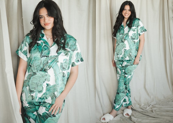 silk pajama pants, tropical pajama pants, banana leaf pajamas, palm leaf pajamas, tropical print, destination wedding, banana leaf, beach