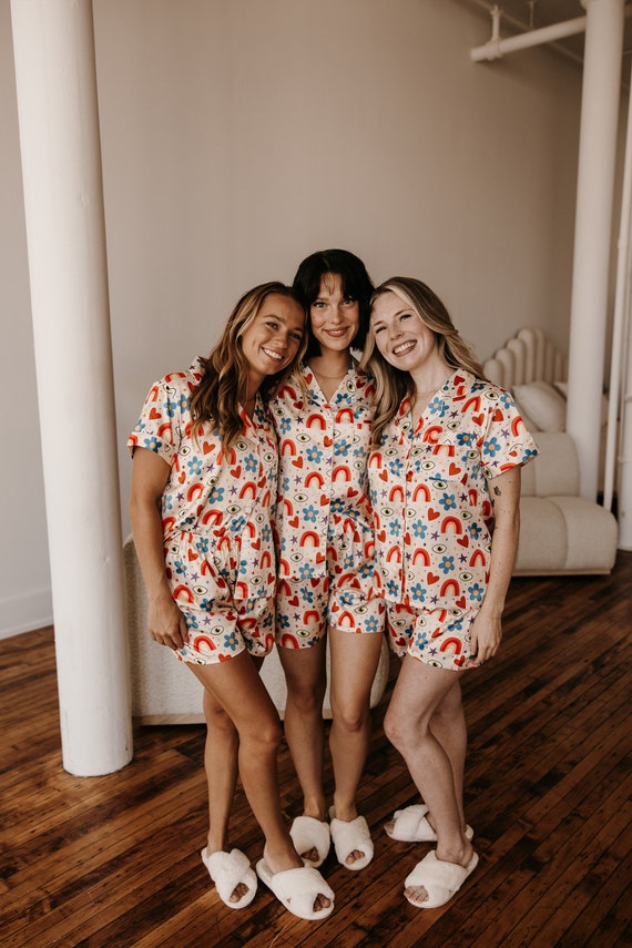 Whimsical Pattern Pajamas, Cute Rainbow PJs, Beige Sleepwear, Birthday Girl Pajama Set, Fun Rainbow PJs, Birthday Gift Pajamas, Girly PJs