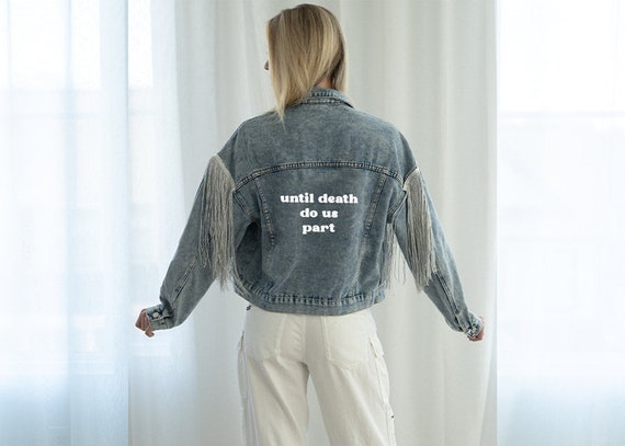 Til Death do us part Jacket, wedding denim jacket, just married, fringe denim jacket, until death, wedding shower gift, bachelorette party