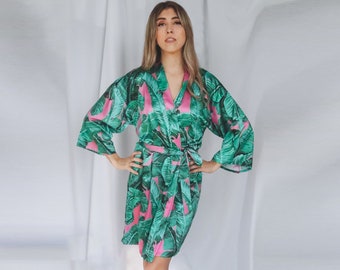 pink palm leaf robe, bridesmaid robes, wedding robes, silk robe, satin robe, custom wedding robes, tropical wedding, tropical robes, pjs