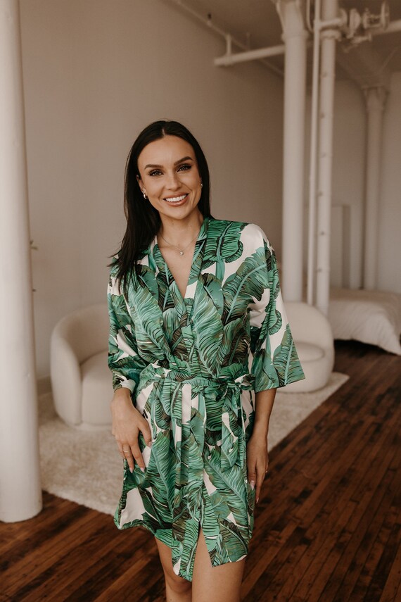 beach wedding robe, satin tropical robe, bridesmaid robe, hawaiian robe, bridal party robes, banana leaf robe, destination wedding robes,