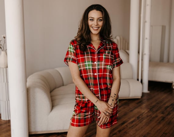 Family Holiday Pajamas, Satin Red Plaid Matching Christmas, Plaid Holiday PJs, Satin Christmas Pajamas, Christmas Eve Pajamas, Holiday PJs