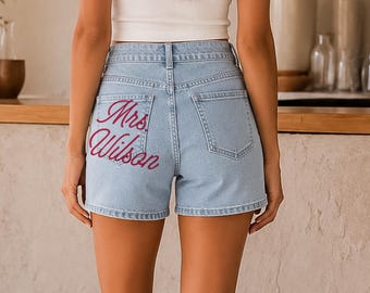 Shorts personalizados para la novia, vaqueros con el apellido del novio, regalo para recién casados, conjunto para la luna de miel.
