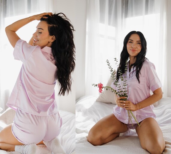 soft lilac pajamas, cozy nights, purple matching set, stretchy sleepwear, perfect gift for her, satin sleepwear set, women's lilac pajamas